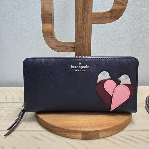 Kate Spade leather lovebirds Continental Long zip wallet,Navy NWOT - Picture 1 of 14